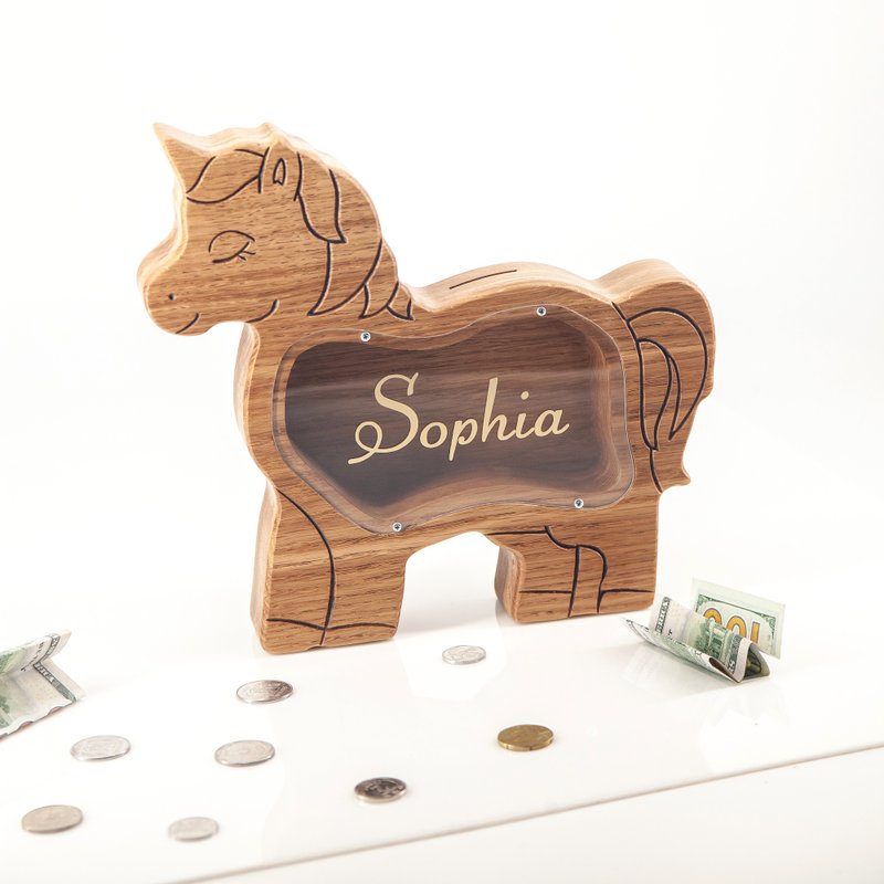 Unicorn piggy bank Customized gift girl coin bank wooden animal Christmas custom - 储蓄罐 - 木头 