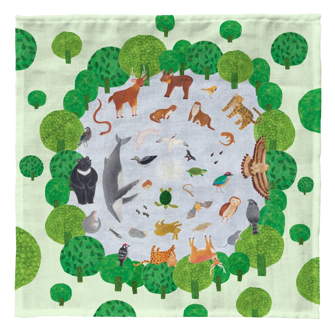 台湾动物药轮 原创插画 手工车缝纯棉手帕/方巾 深绿色/浅绿色 - 手帕/方巾 - 棉．麻 