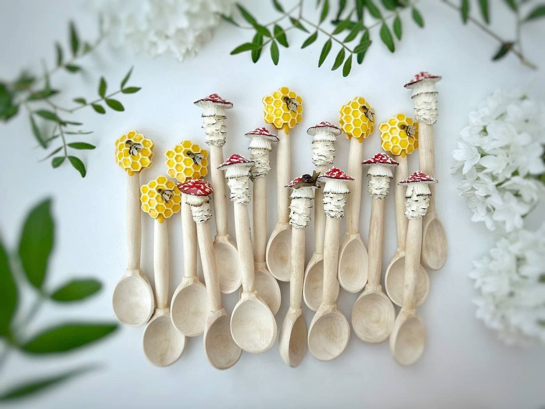 山寨版 , 蘑菇  , 蜂蜜勺子 , 蜂蜜礼物 , 木勺 , 蘑菇装饰 - 餐刀/叉/匙组合 - 粘土 红色