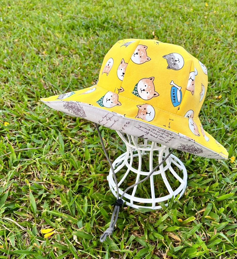 乐福手作双面渔夫帽-可爱的柴柴 - 帽子 - 棉．麻 黄色