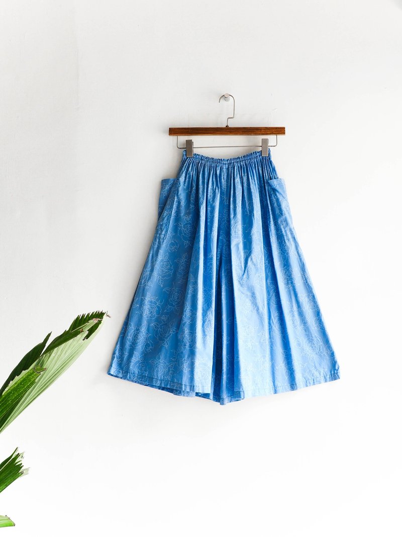 河水山 - 湖水蓝凉感绣线茶花少女 古董棉质宽版长裤  pants vintage - 女装长裤 - 棉．麻 蓝色