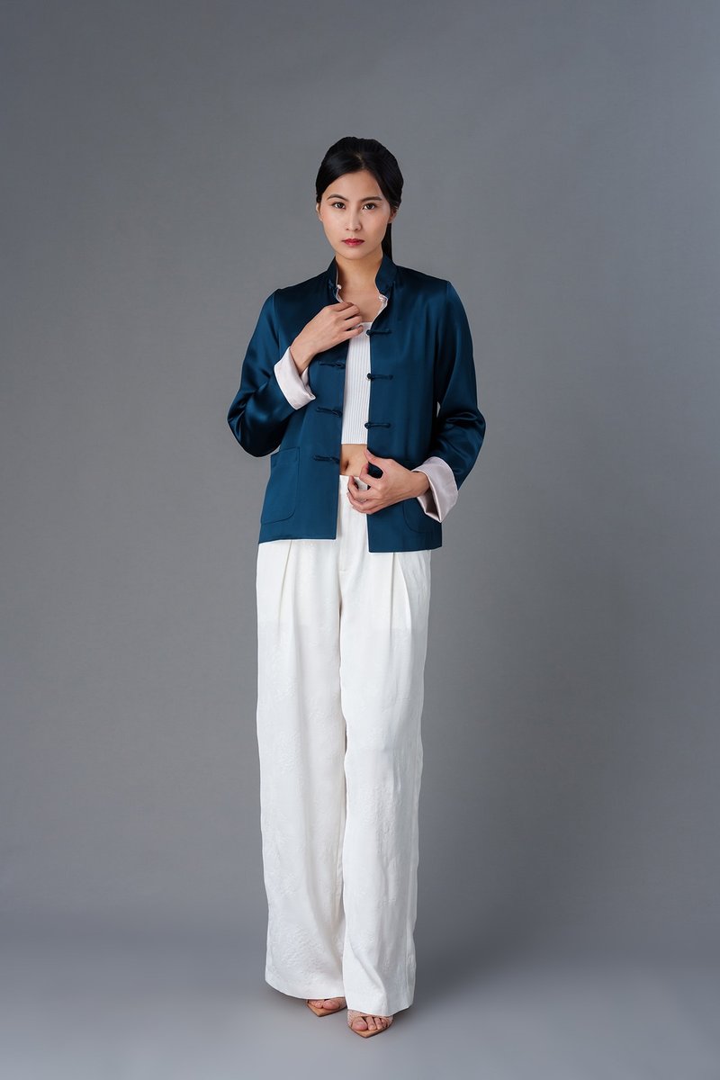 中式双面唐装外套 (孔雀蓝色/ 香槟色) |香港设计|休闲 - 女装衬衫 - 聚酯纤维 蓝色