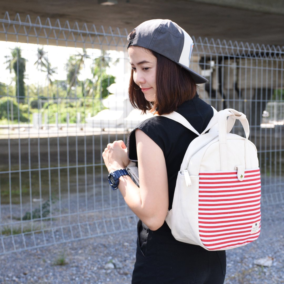 your backpack - off white+red&white(pocket) - 后背包/双肩包 - 棉 多色