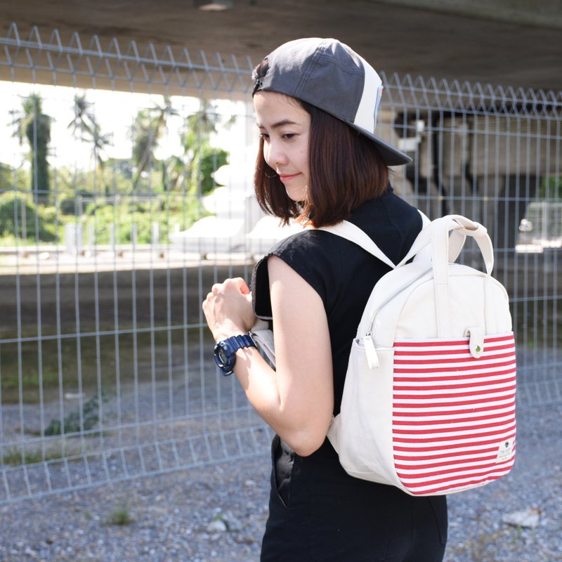 your backpack - off white+red&white(pocket) - 后背包/双肩包 - 棉．麻 多色