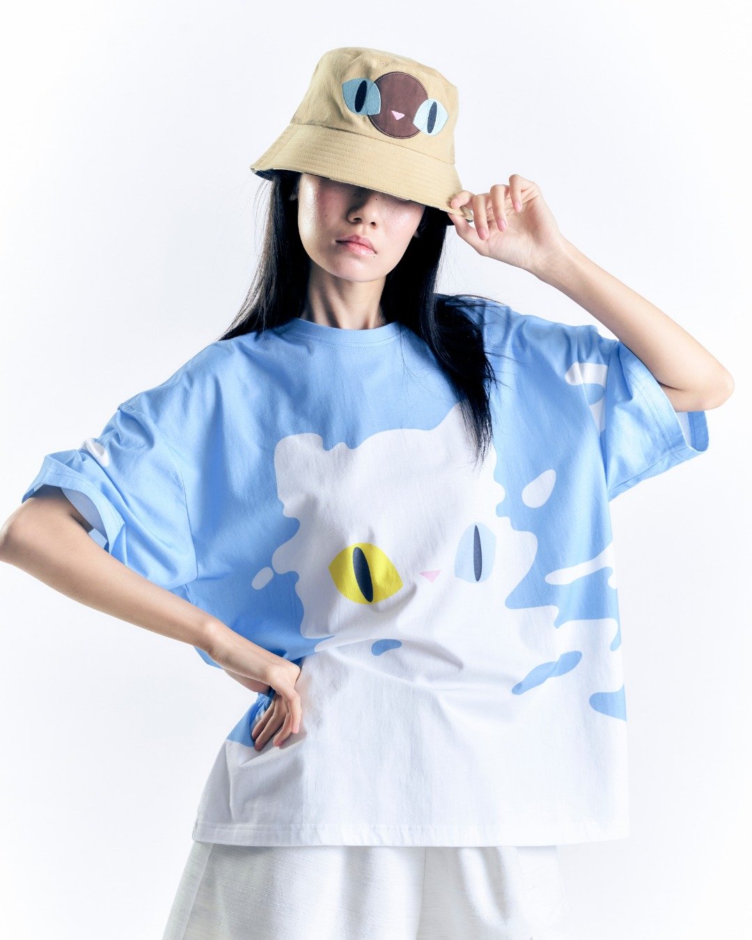 100% 纯棉 Oversize 版型，水洗印花图案 - 女装 T 恤 - 棉 蓝色