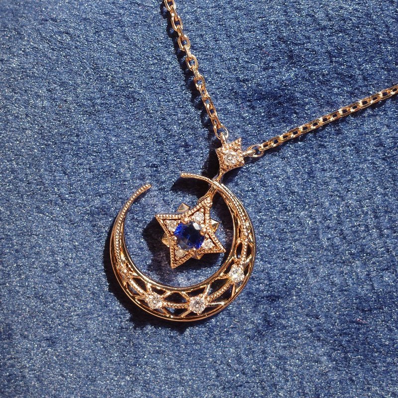 【星月】14K金 星月 蓝宝石 钻石 颈链 - 项链 - 贵金属 金色