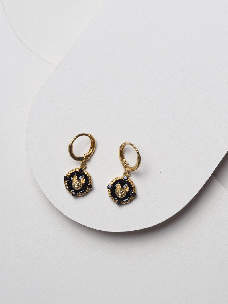 猫脸圆形耳环，纯银，银色猫咪垂坠耳环 - 耳环/耳夹 - 其他材质 金色