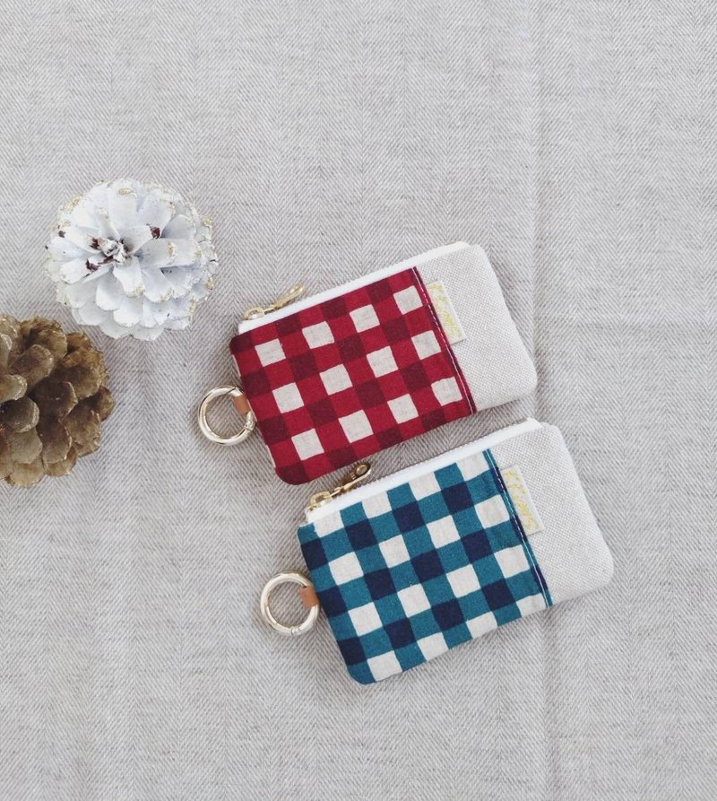 【FCI/票卡证件拉链小包】手绘风粗版格纹 日本棉麻布 法国金葱布 - 证件套/卡套 - 棉．麻 多色