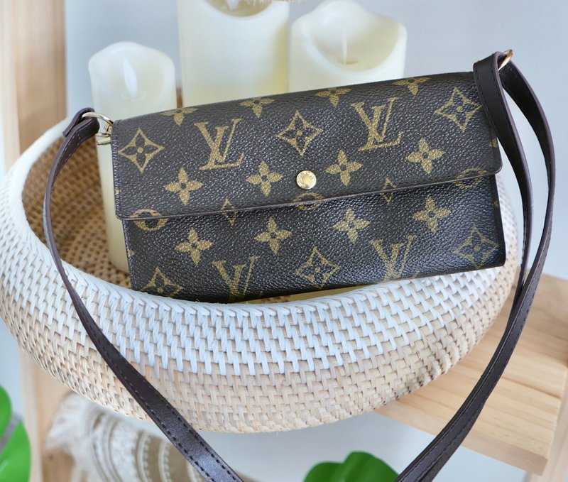 Louis Vuitton LV中古古董老花长夹 - 附赠非原装背带转WOC - 皮夹/钱包 - 真皮 咖啡色