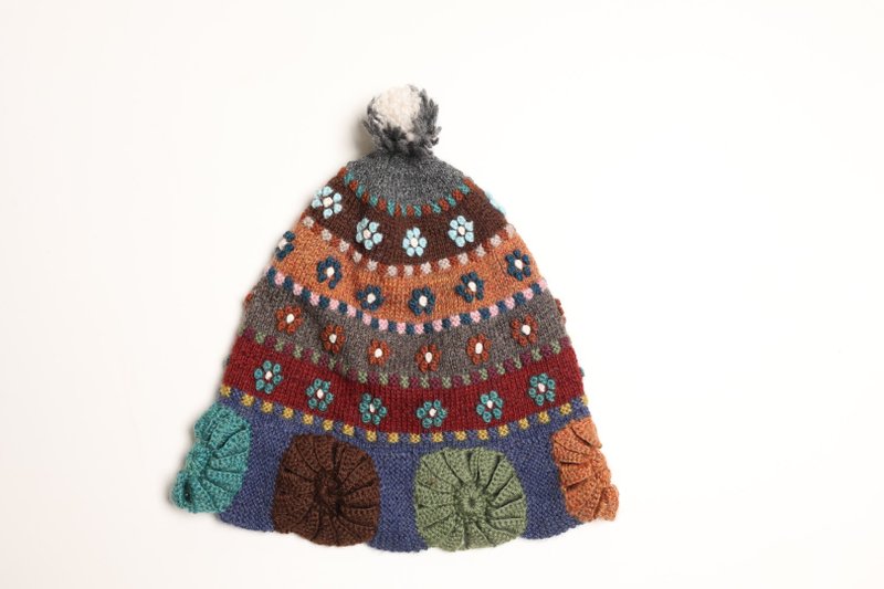 童/成人/南美洲秘鲁 100% 纯羊驼毛手工帽紫灰配色彩色大花尖顶小脸 - 帽子 - 羊毛 灰色