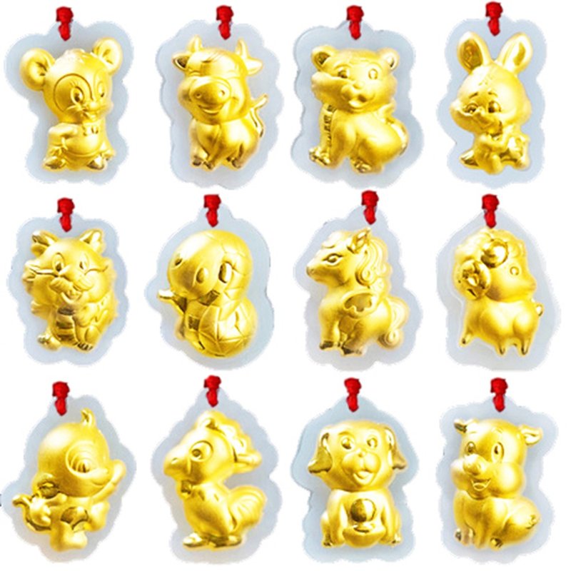 【童乐绘金饰】12生肖千足金和田玉项链-卡通版(弥月金饰 弥月礼) - 满月礼盒 - 24k 金 金色