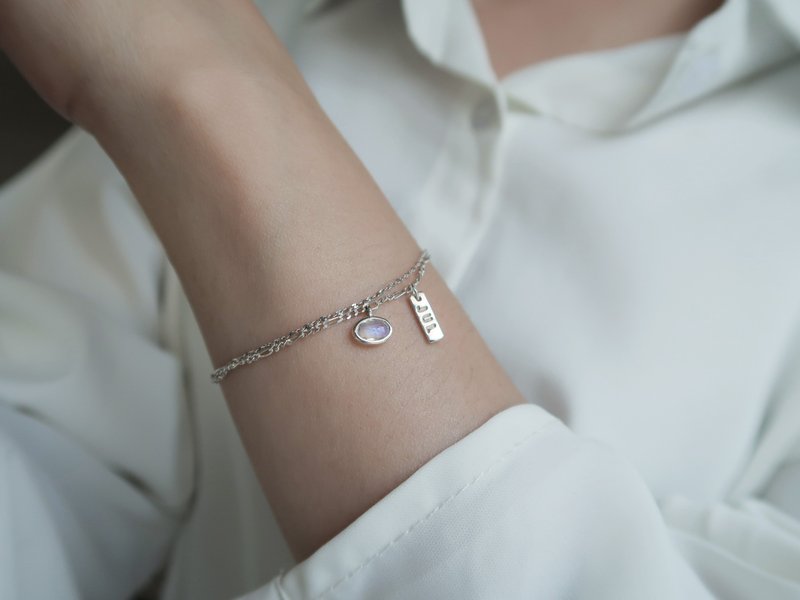 925纯银 水波 月光石 椭圆形钻面 双链 定制化刻字 手链 免费包装 - 手链/手环 - 纯银 灰色