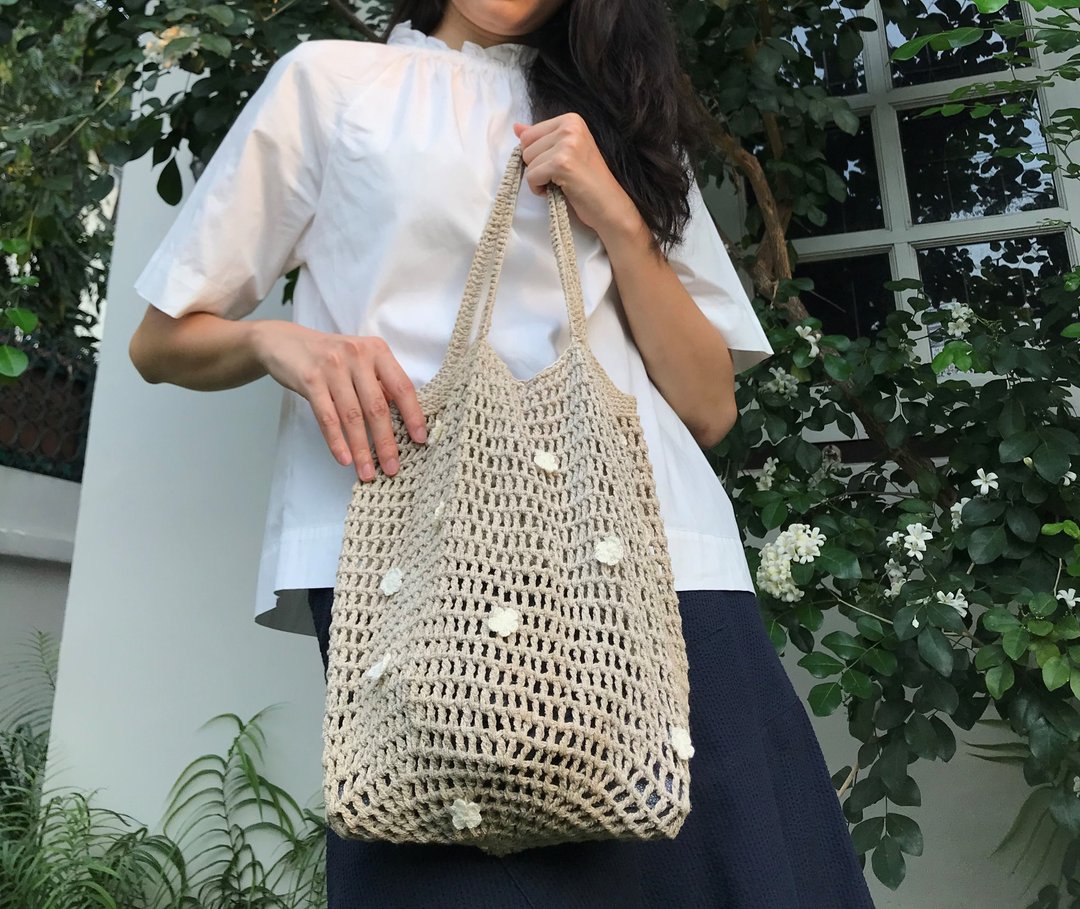 雙層Tote包 Bag Crochet Flower Blooming - 手提包/手提袋 - 棉 白色