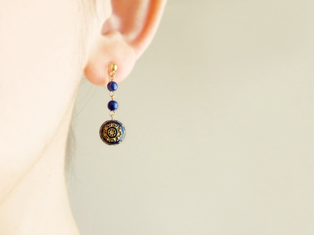 Lapis lazuli, antique style, clip on earrings 夾式 - 耳环/耳夹 - 石头 蓝色