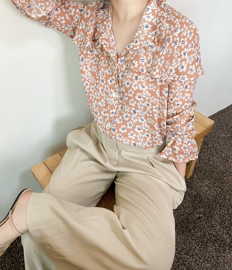 粉橘印花披肩立领衬衫 - 女装衬衫 - 其他材质 