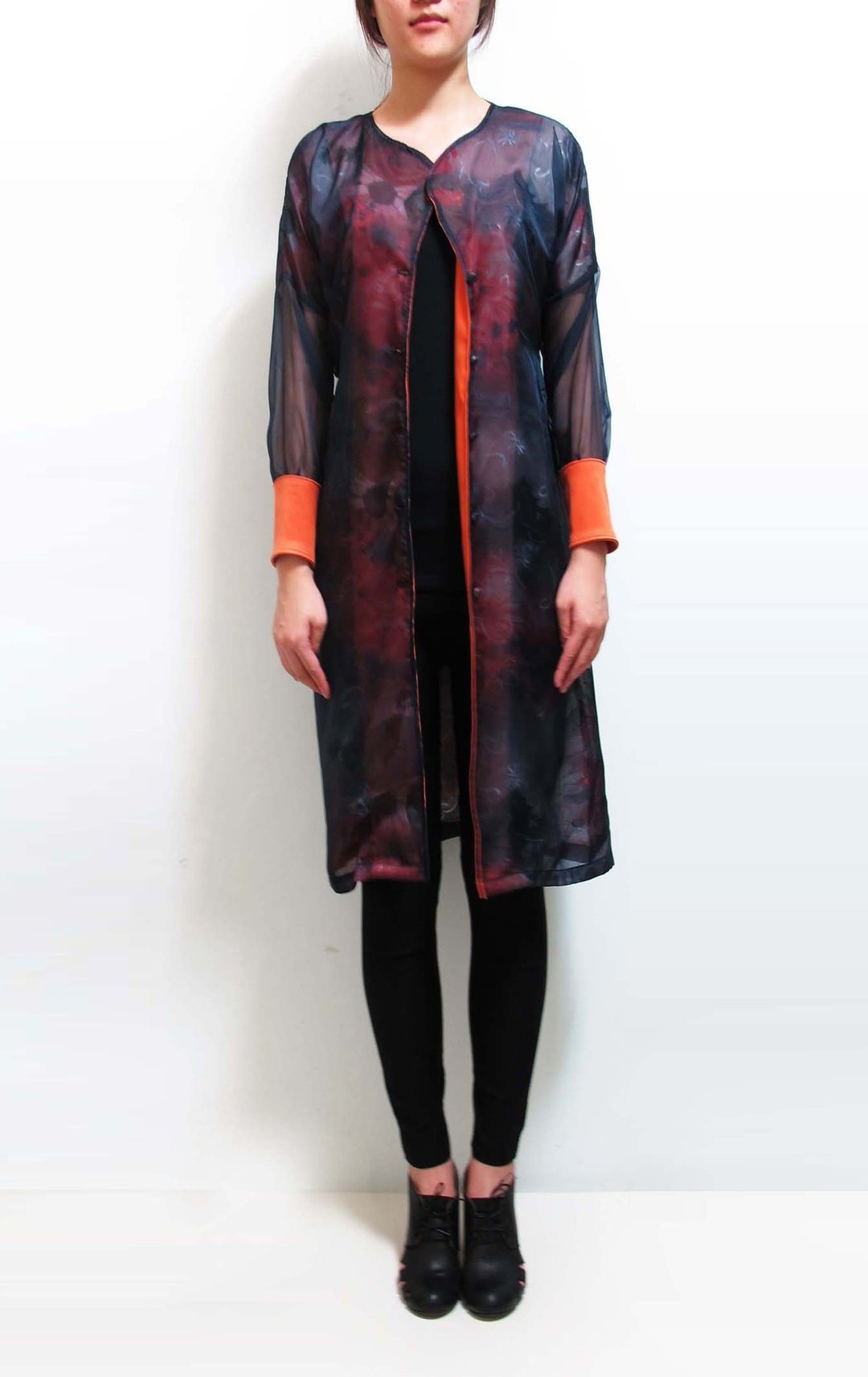 Wahr_橘领乌干纱雪纺花朵 长版衬衫洋装外套 - 女装衬衫 - 其他材质 