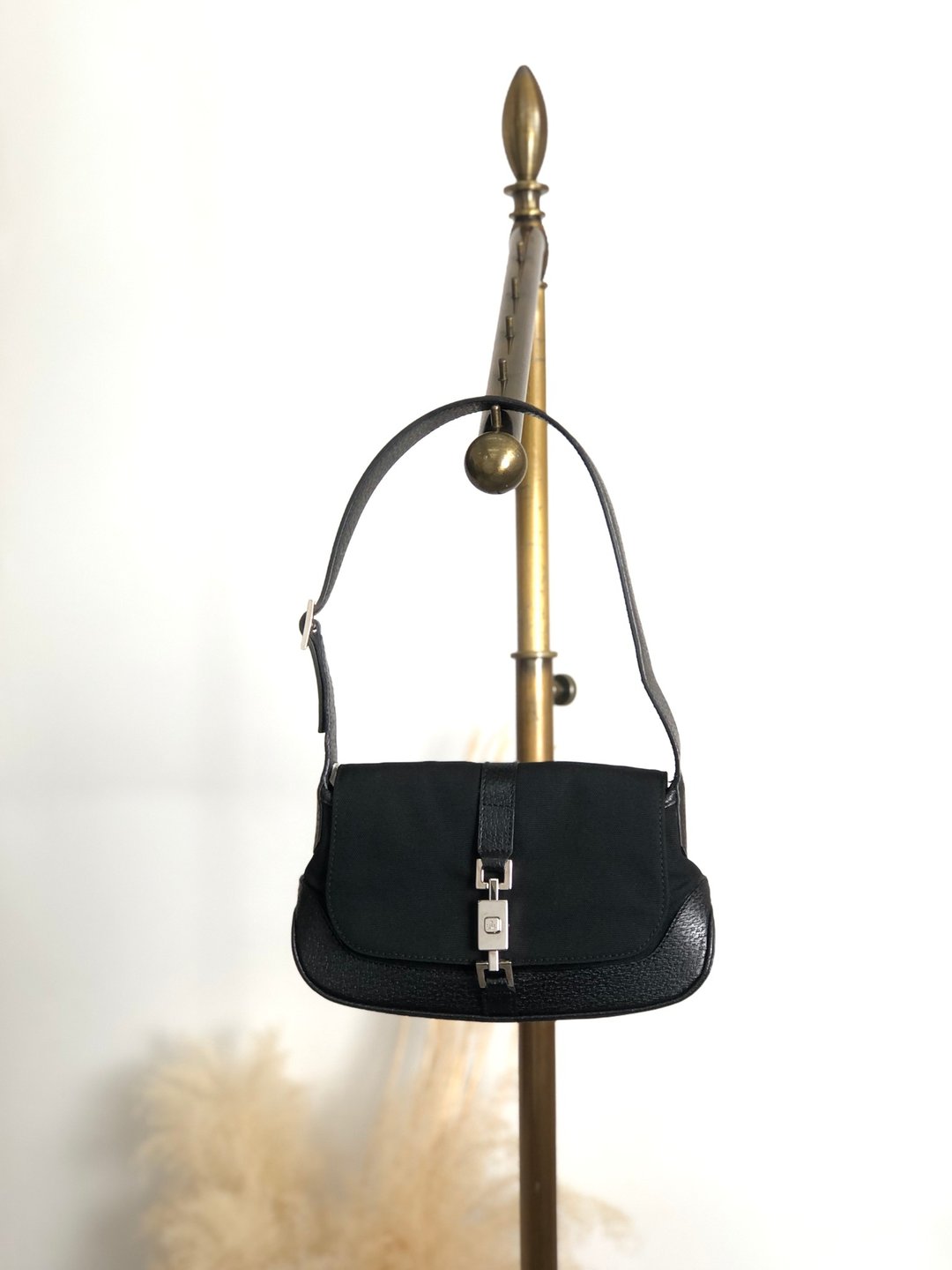 【日本直送 名牌中古包】GUCCI 经典 Jackie 系列 黑色皮革×帆布 翻盖 单肩包 vintage ja48kk - 侧背包/斜挎包 - 棉 黑色
