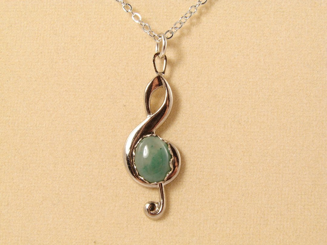 Treble Clef Music Note Symbol Musician Green Aventurine Pendant Necklace Jewelry - 项链 - 半宝石 绿色