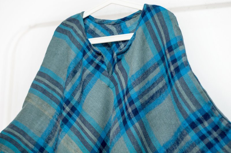 印地安民族风流苏斗篷/波希米亚斗篷披肩/羊毛连帽斗篷-蓝色格纹 - 围巾/披肩 - 羊毛 蓝色