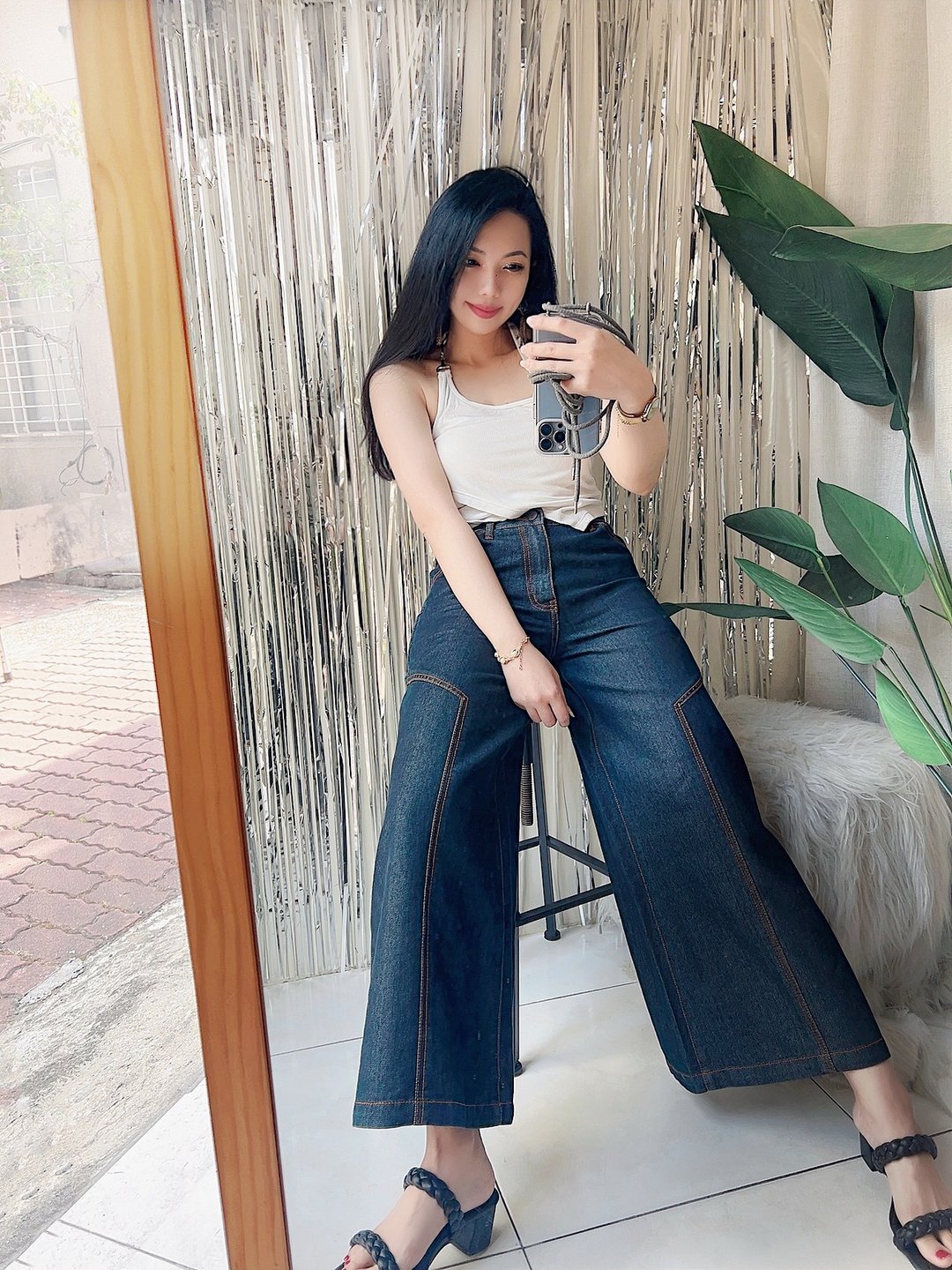 黑蓝光泽性格挺版车缝线 古着牛仔棉质长裤宽裤 pants vintage - 女装长裤 - 棉 蓝色