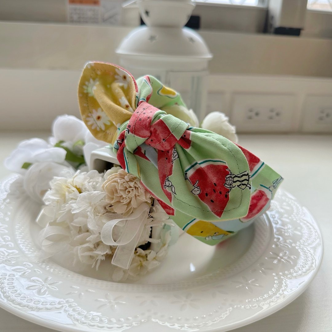 纯棉拼布绑结蝴蝶结发箍头箍发饰-仲夏西瓜 - 发带/发箍 - 棉．麻 绿色