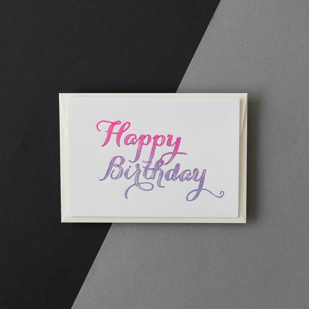 Happy Birthday Ombre Card - Linocut Printmaking Greeting Cards - 卡片/明信片 - 纸 粉红色