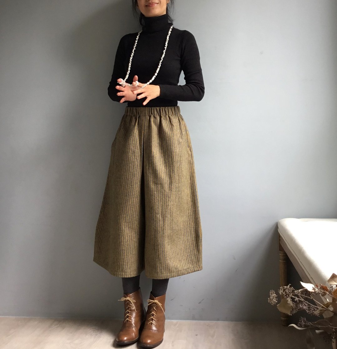 忙碌的花园/蜜蜂配色条纹毛料口袋宽裤裙/Wool - 裙子 - 羊毛 