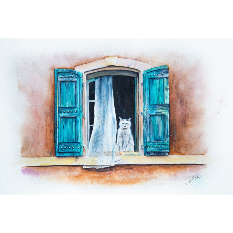Original Watercolor Cat Painting Architecture Fragment Sketch Interior Wall Art - 海报/装饰画/版画 - 纸 多色