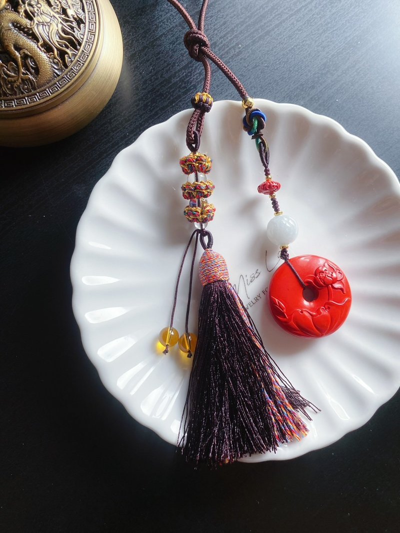 朱砂平安扣 莲花 曼陀罗莲花座 翡翠玉石 招财 车挂 包挂 - 吊饰 - 木头 红色