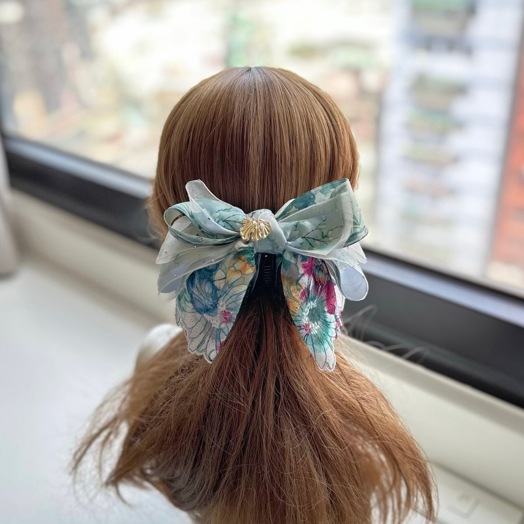 烫钻纱纱蕾丝蝴蝶结相交夹香蕉夹仙女夹发夹-古典绿色 - 发饰 - 其他材质 绿色