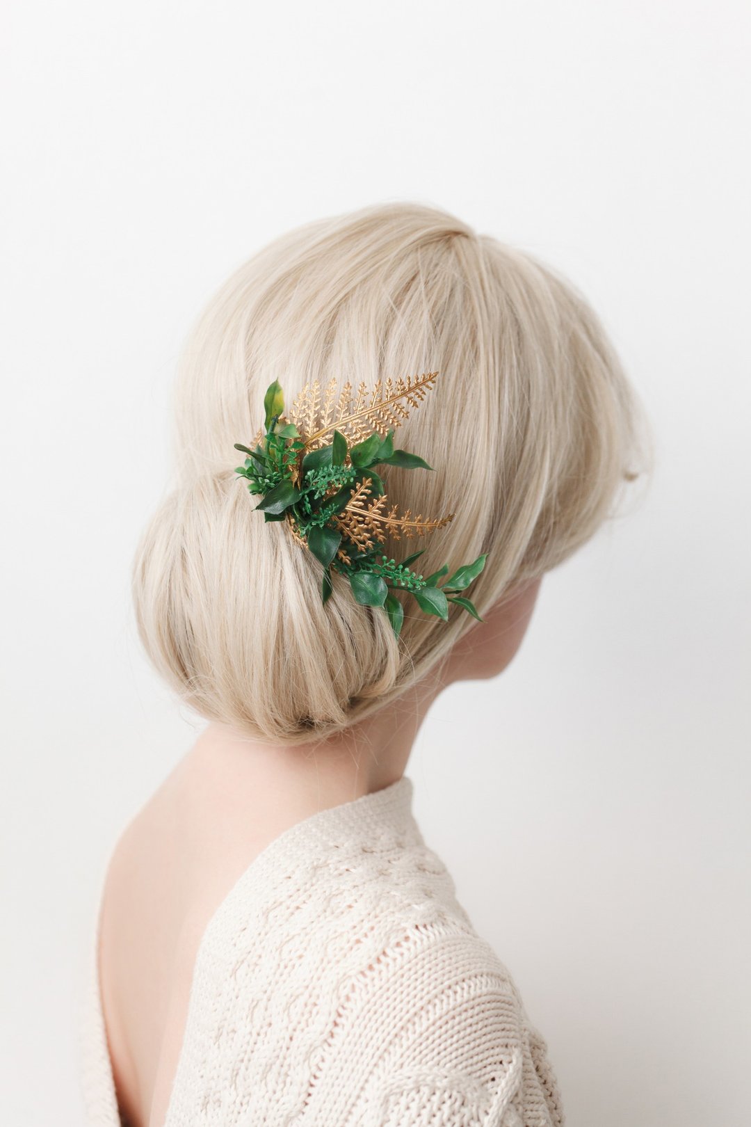 Emerald leaf and gold fern floral comb for bride with greenery hair pin - 发饰 - 植物．花 绿色