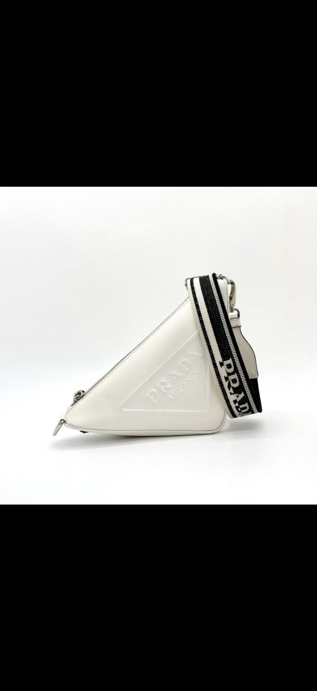 PRADA 白色 Saffiano 皮革刺绣背带三角包 - 侧背包/斜挎包 - 真皮 白色