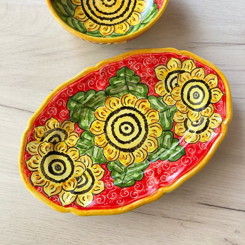 椭圆形盘 25.5 厘米 Majolica 意大利陶器 向日葵 向日葵 - 盘子/餐盘/盘架 - 陶 蓝色