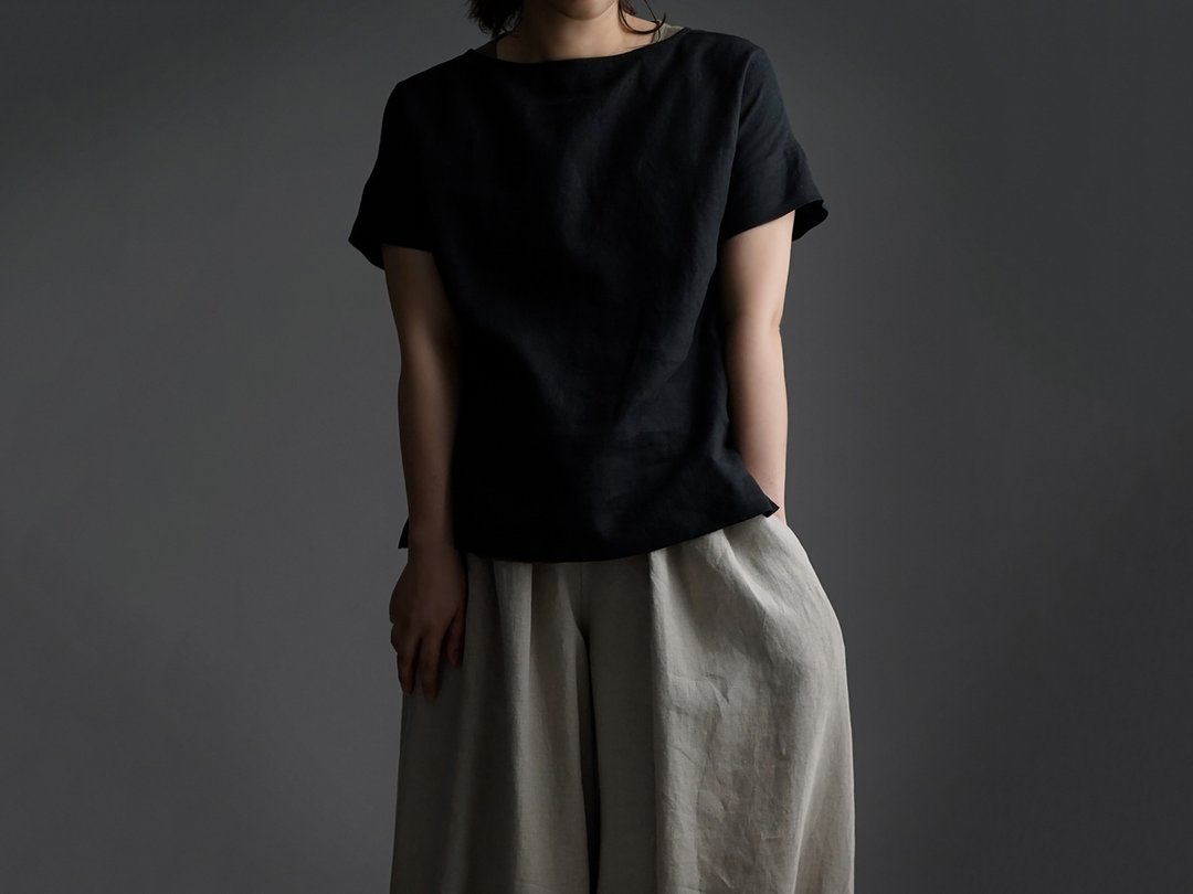 wafu --Flax T-shirt Linen T-shirt / Black t001l-bck1 - 女装 T 恤 - 亚麻 黑色