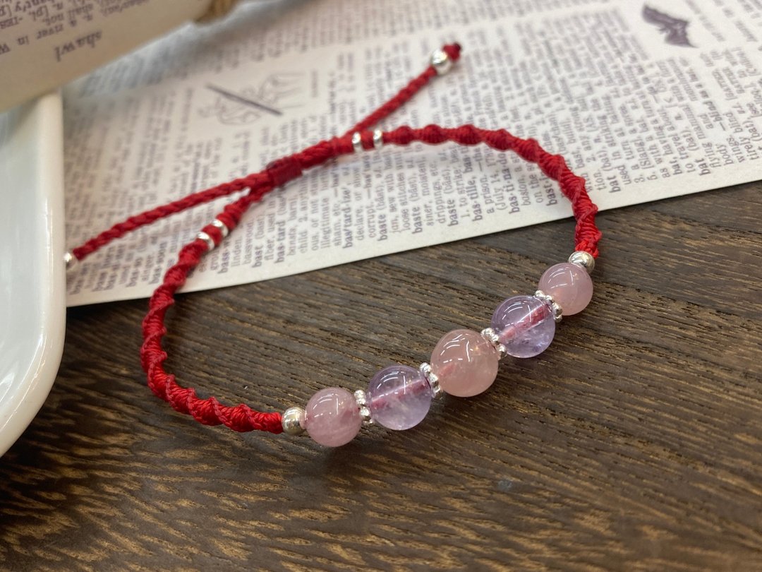 粉晶 薰衣草紫晶 南美蜡线手作编绳手链 定制 - 手链/手环 - 纯银 