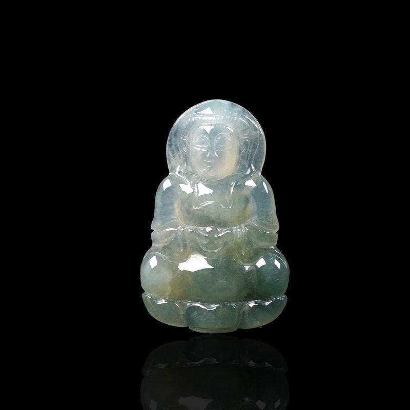 冰种飘绿花翡翠观音菩萨项链 | 天然缅甸玉翡翠A货 | 送礼 - 项链 - 玉石 绿色
