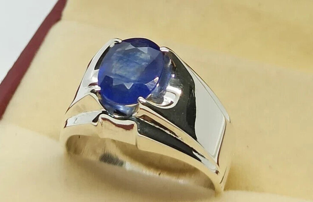 天然皇家深蓝蓝宝石男戒 925纯银 手工制作 男士礼物 - 戒指 - 宝石 蓝色