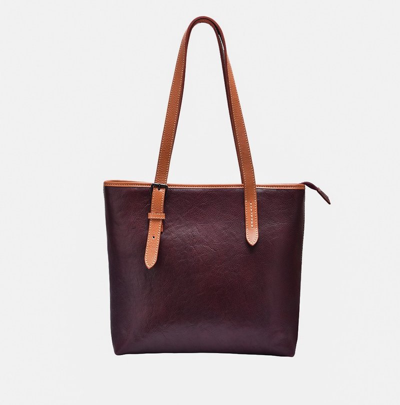 牛皮托特Tote手提大容量百搭单肩包 枣红色 - 手提包/手提袋 - 真皮 咖啡色