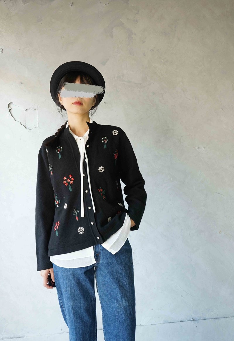 寻宝古着-CROCODILE手工感刺绣小花黑色开襟针织外套 - 女装针织衫/毛衣 - 羊毛 黑色