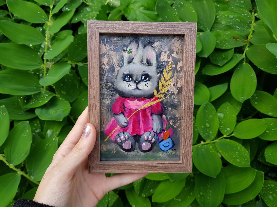 Small original cute animal little bunny artwork hand painted oil painting framed - 墙贴/壁贴 - 其他材质 