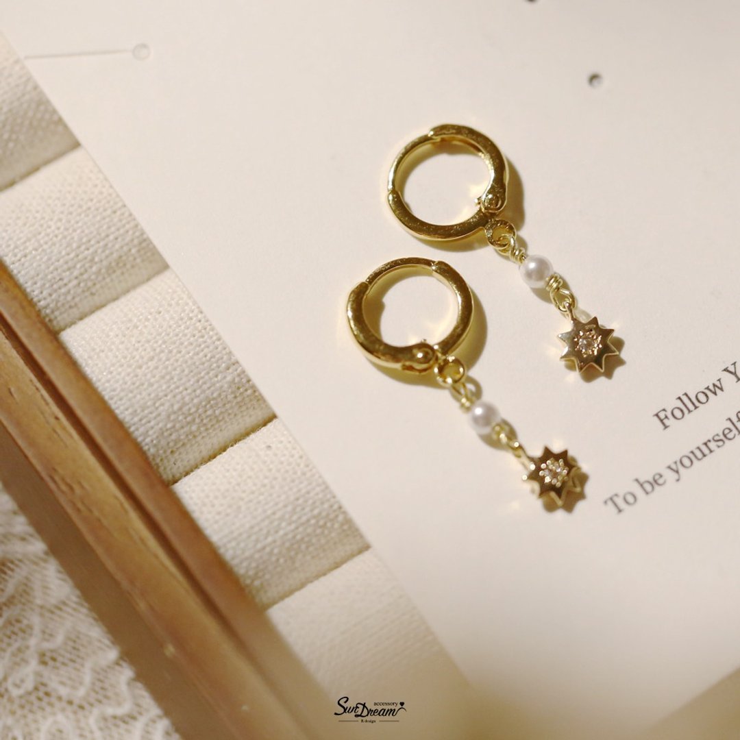 点缀星星珍珠耳扣耳环 夹式耳环 耳夹 珍珠耳环 星星耳环 星星 - 耳环/耳夹 - 铜/黄铜 白色
