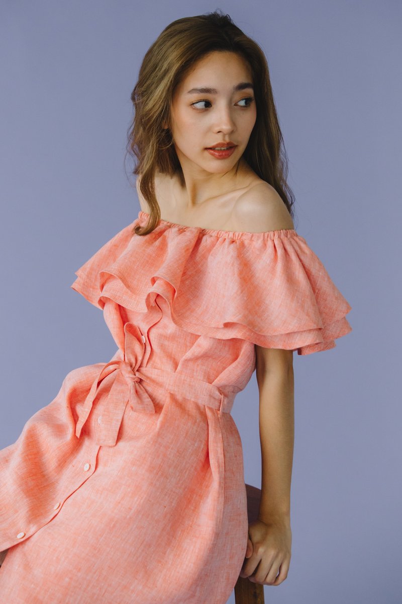 Double ruffle off shoulder mini dress in Peach Chambray - 洋装/连衣裙 - 棉．麻 粉红色