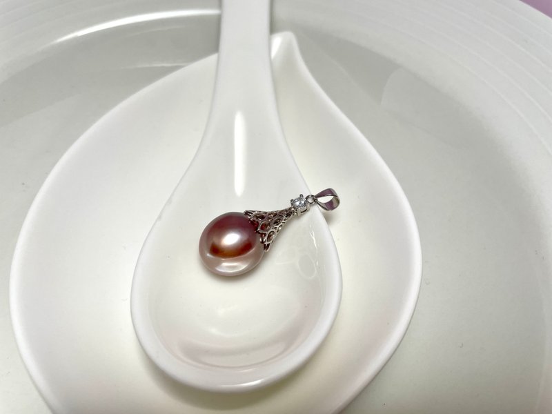 紫珠吊坠 天然淡水珍珠 大珍珠 纯镶锆石 赠项链 - 项链 - 珍珠 紫色