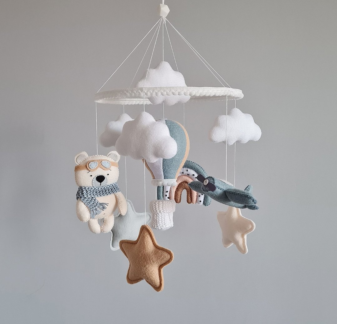 Baby mobile boy with plane rainbow bear, Nursery hanging mobile, Felt decor - 玩具/玩偶 - 其他材质 蓝色