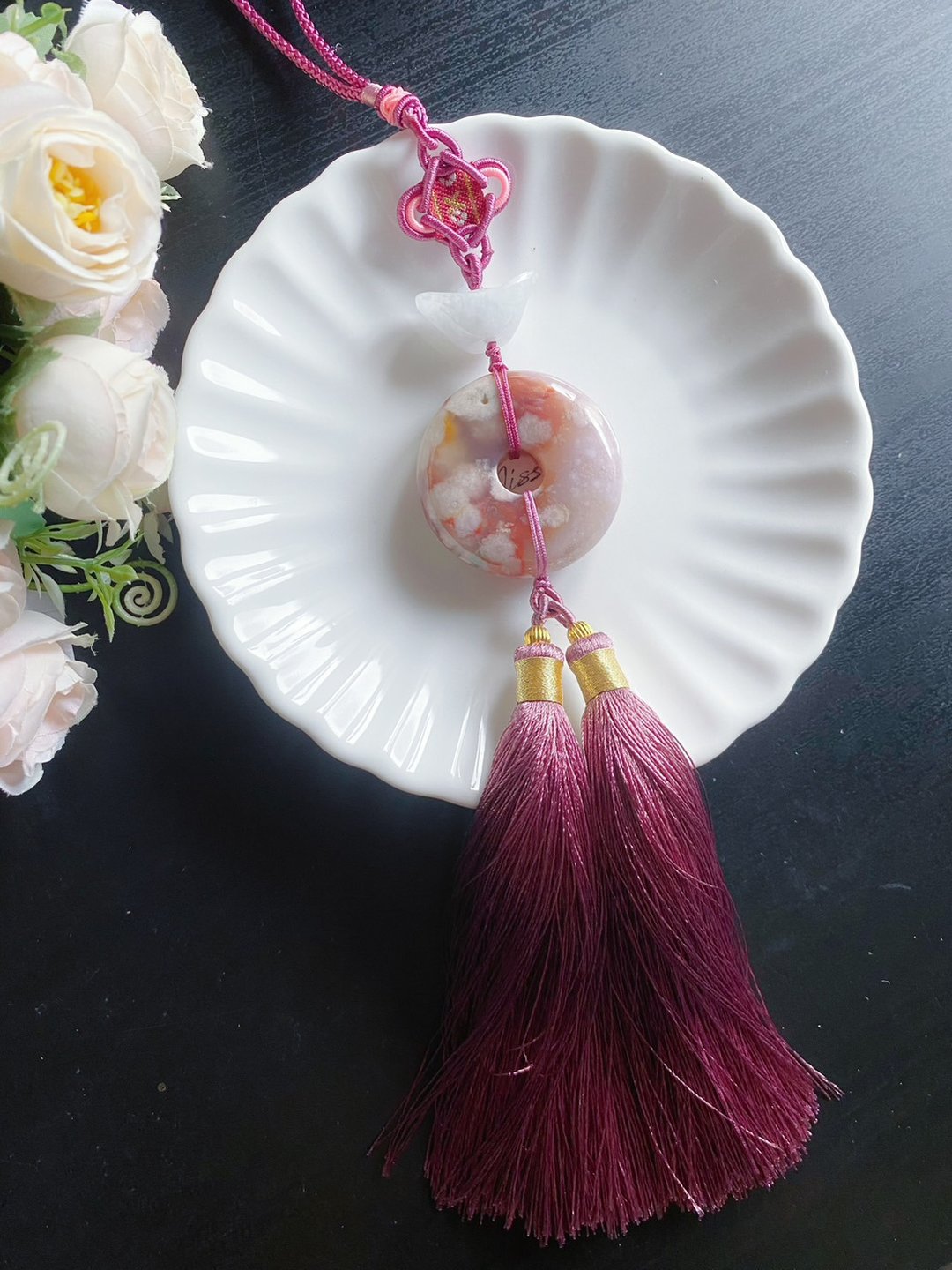 天然 樱花玛瑙 牛血红透体水中花 大平安扣 翡翠元宝 车挂 包 - 挂绳/吊绳 - 水晶 粉红色