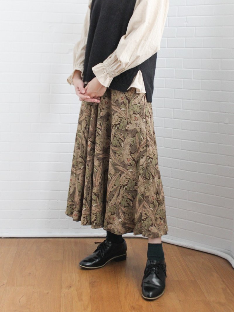 复古秋冬日本制典雅大人感气质褐棕色图腾古着长裙 - 裙子 - 聚酯纤维 卡其色