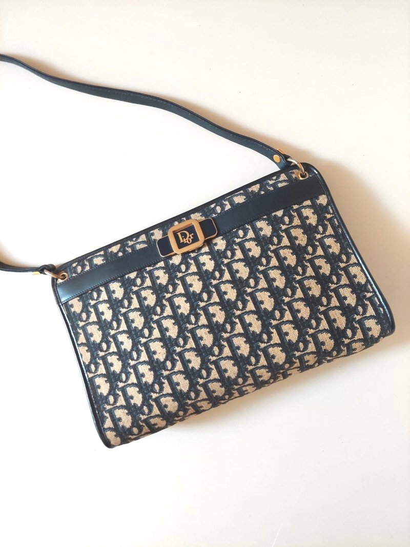 【LA LUNE】中古二手Dior深蓝黑老花皮革包单肩侧背孭背小手袋 - 侧背包/斜挎包 - 真皮 蓝色