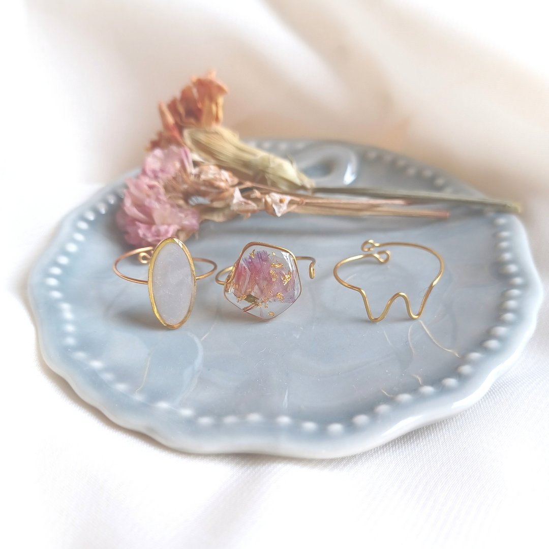 3-piece set Dried flower wire ring set NO.02 (Statice free size) - 戒指 - 树脂 粉红色