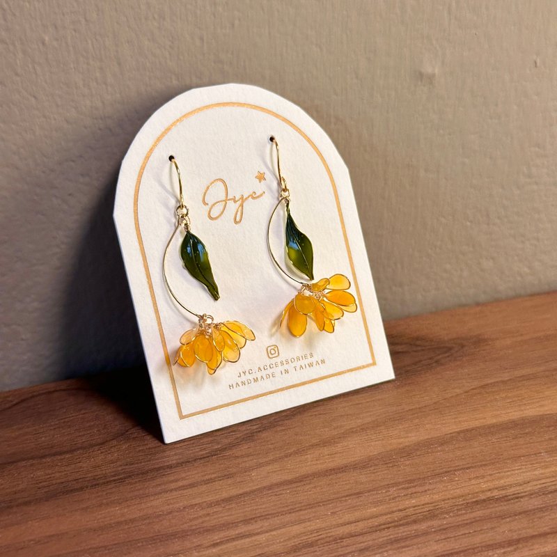 金木樨 金桂花 手作编织水晶花贴耳耳环 无痛耳夹 uv饰品 - 耳环/耳夹 - 其他材质 橘色