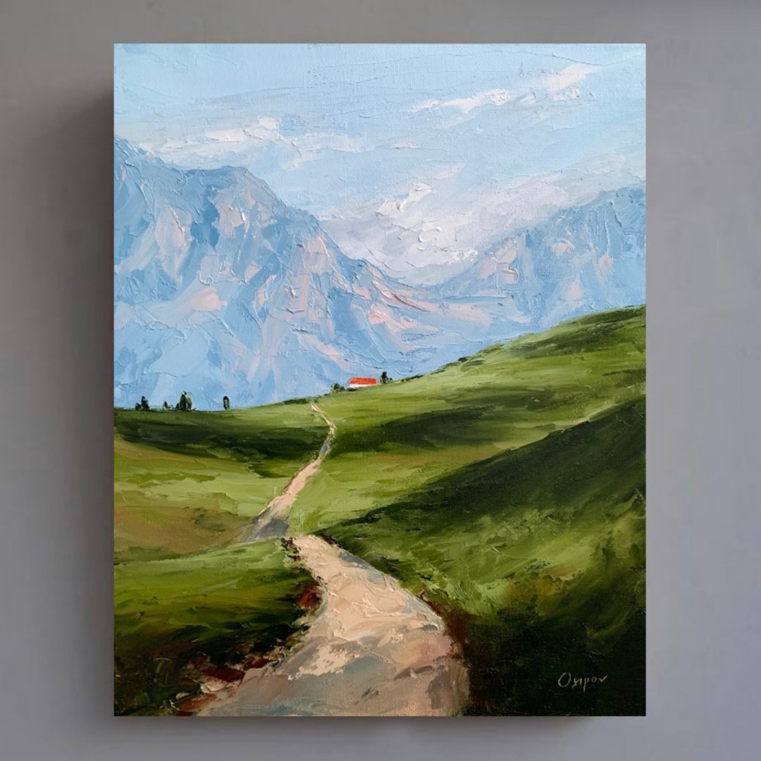 Original Greesn Landscape Road Art Mountain Oil Painting On Canvas  Impasto Art - 墙贴/壁贴 - 棉 多色